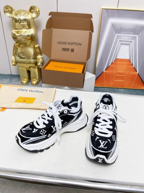 2025 Unisex Louis Vuitton Black White Fabric Leather Sneakers LY00340(F)/LY00341(M)