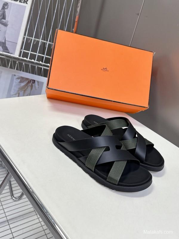 2025 Slippers Hermès Black Green Leather Fabric Slippers