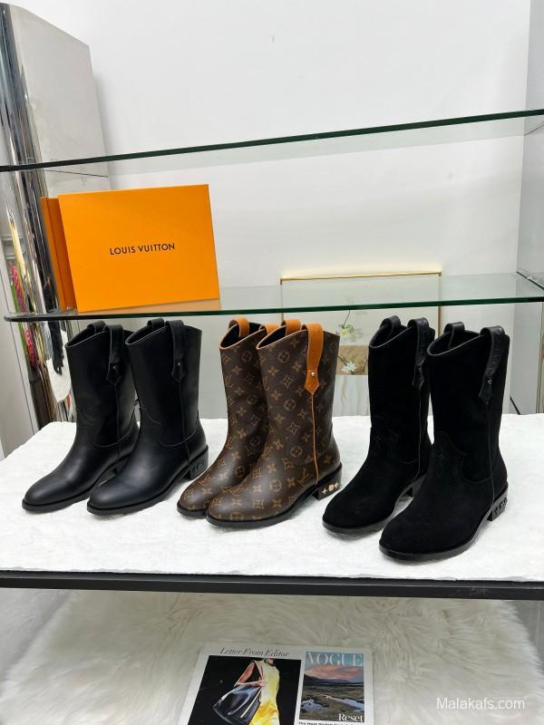 2024 Women Louis Vuitton black leather suede boots MJ00360