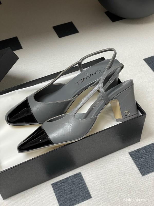 2025 Women Chanel Grey Black Leather Sling-back Heel