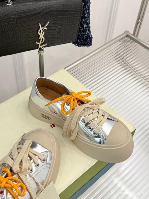 2025 Women Marni Silver Leather Thick Sole Retro Style Platform Sneakers LY00360(F)