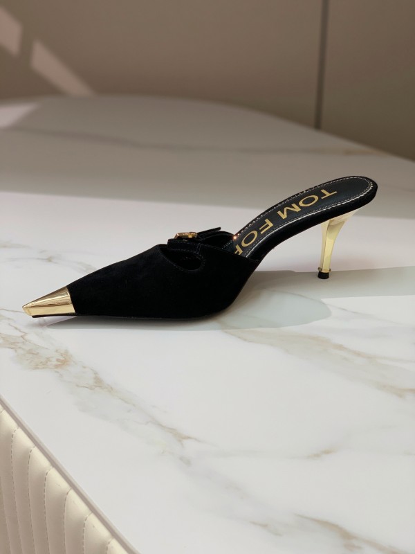 2025 Women TOM FORD Black Suede Leather Pointed Toe Metal Tip Mules