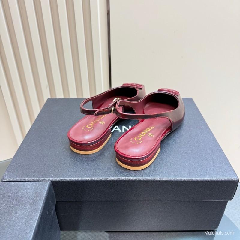 2025 Women Chanel Bordeaux Leather Slingback Sandals KFY00290