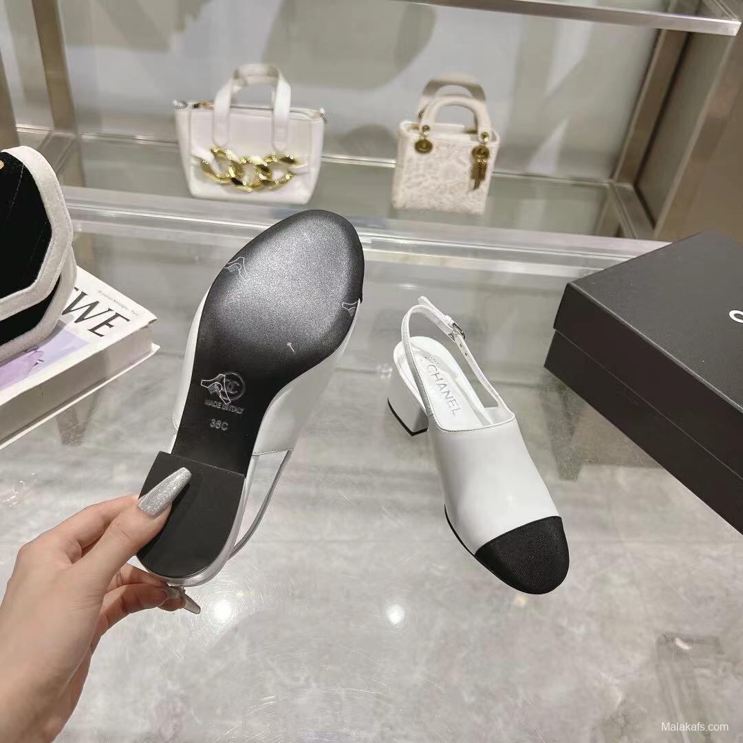 2025 Women Chanel White Black Leather Slingback Sandal LY00300