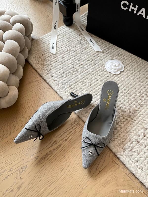 2025 Women Chanel Grey Fabric Pointed Toe Mules KFY00290