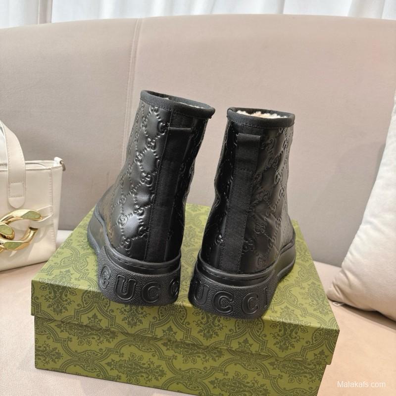 2024 Women Gucci Black Leather Suede Shearling Snow Boots MJ00350