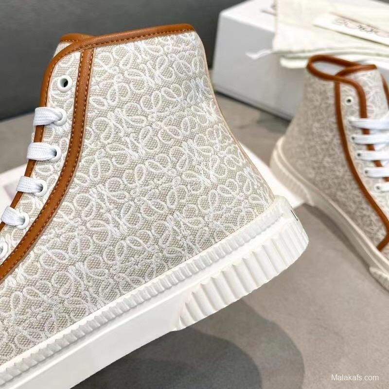 2025 Women Loewe White Brown Canvas High-top Sneakers LY00420