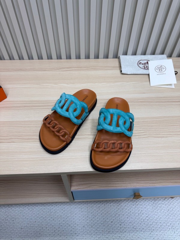 2025 Slippers Hermès Blue Brown Leather Slippers
