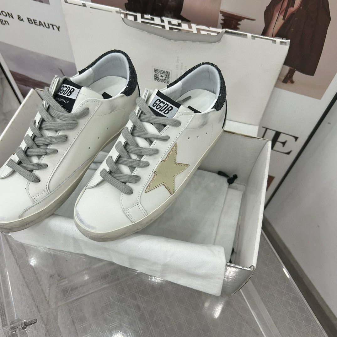 2025 Women GGDB White Gold Black Leather Sneakers