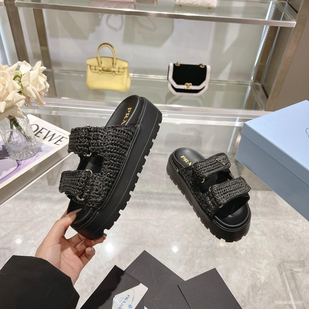 2025 Women Prada Black Woven Leather Sandals LY