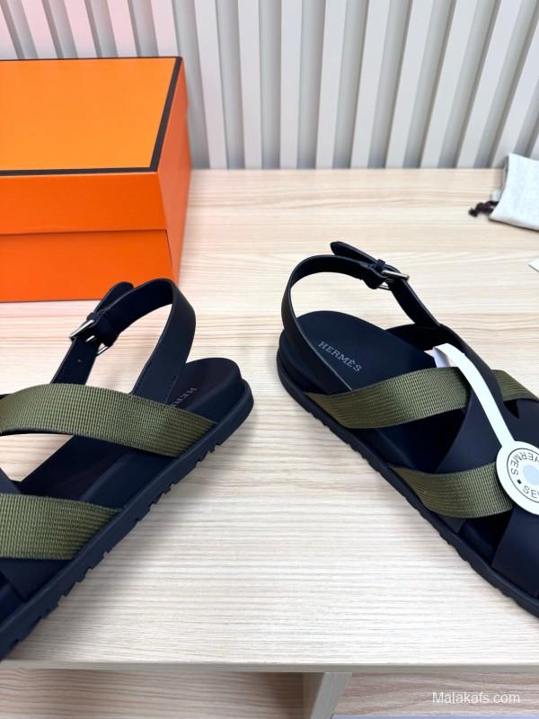 2025 Women Hermès Black Green Leather Nylon Sandals LY00270