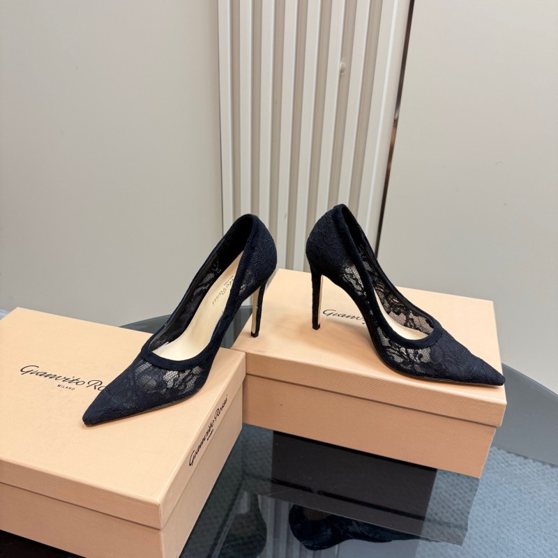 2025 Women Gianvito Rossi Black Lace Leather High Heel KFY00280