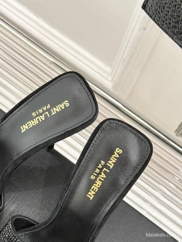 2025 Women Yves Saint Laurent Black Rhinestone Leather High Heel Slippers LY00300