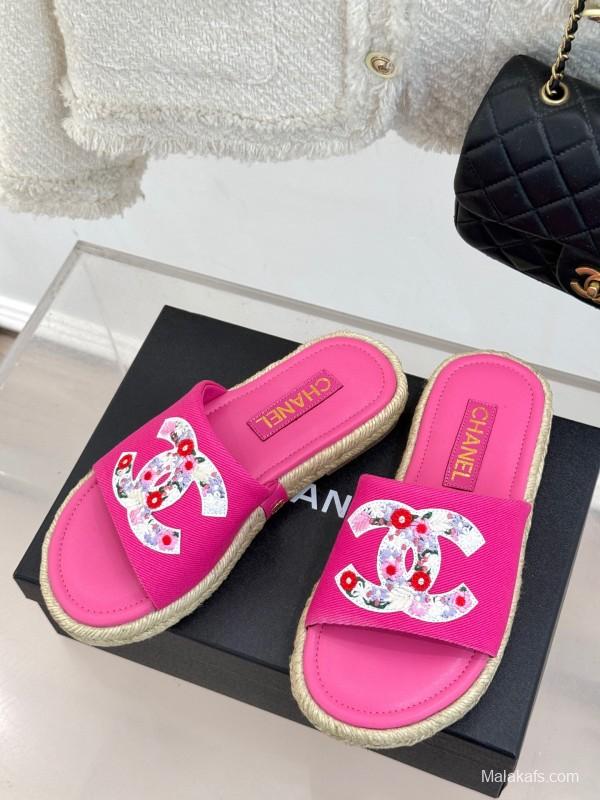 2025 Slippers Chanel Pink Canvas Espadrille Double C KFY00230