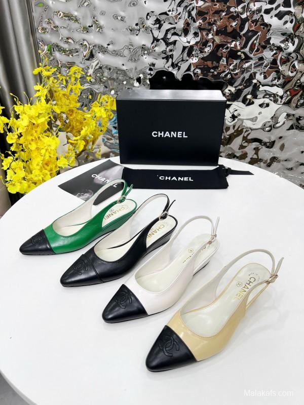 2025 Women Chanel Black Leather Slingback Flats