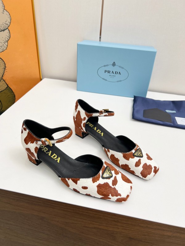 2025 Women Prada Brown White Calf Hair Strap Heels LY00270