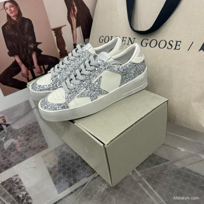 2024 Women GGDB Silver Glitter Leather Sneakers