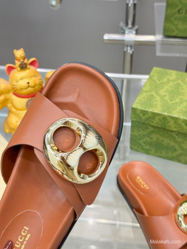 2025 Gucci Brown Leather Slippers