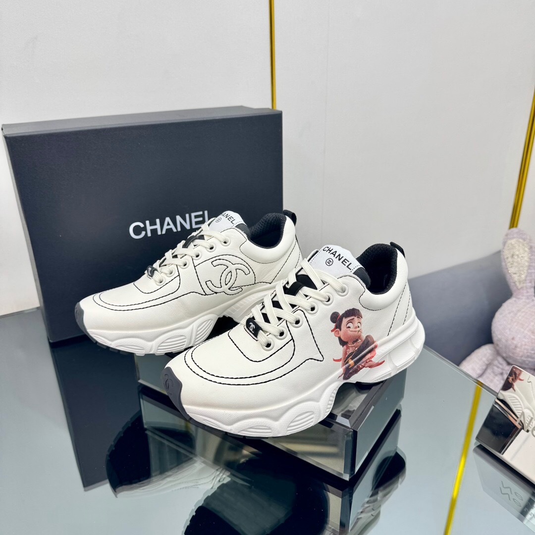 2025 Women Chanel White Leather Sneakers Cartoon Graphic