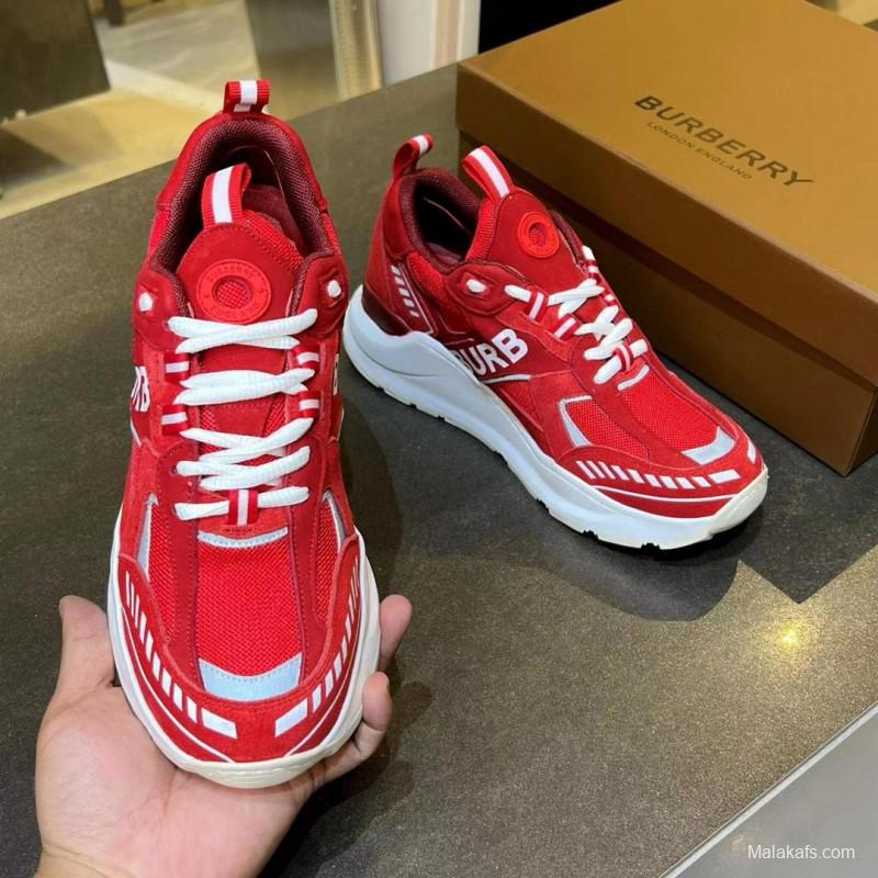 2025 Unisex Burberry Red Suede Leather Mesh Platform Sneakers MJ00380