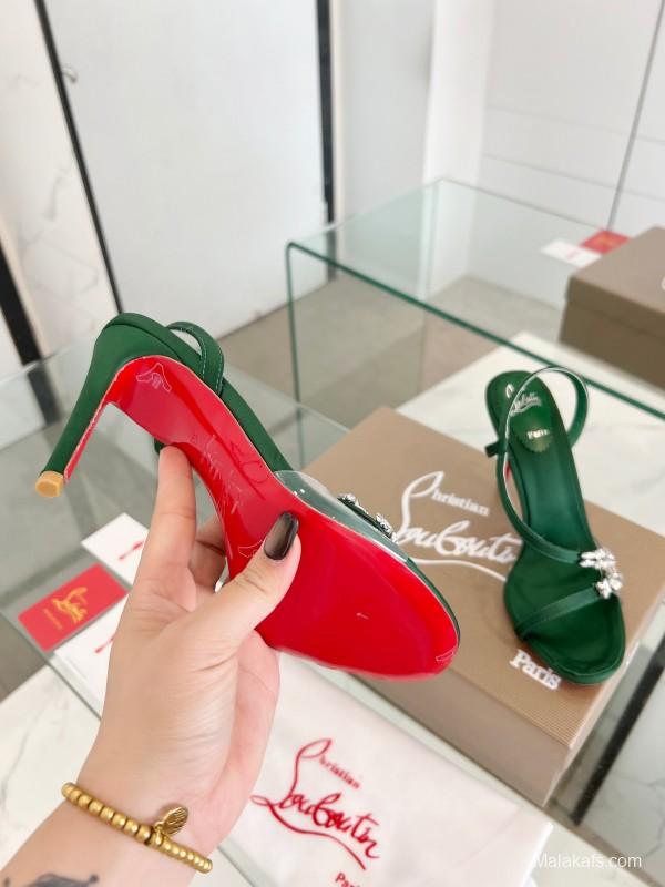 2025 Women Christian Louboutin Green Silk High Heel Crystal Sandal LY00300