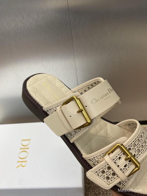 2025 Women Dior Beige Calfskin Leather Slippers KFY00300
