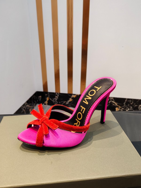 2025 Women TOM FORD Pink Red Silk Velvet High Heel Mules KFY00290