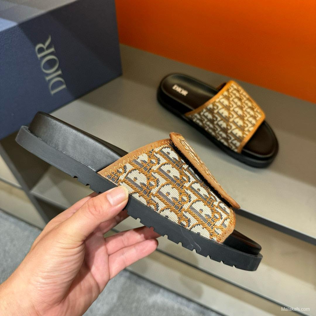2024 Slippers Dior brown beige jacquard leather Slippers MJ00180