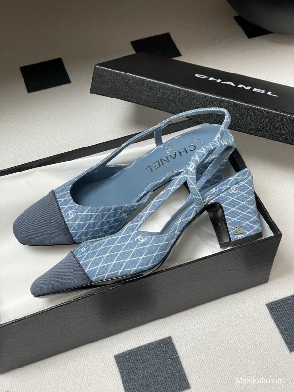2025 Women Chanel Light Blue Denim Leather Sling-back Heels