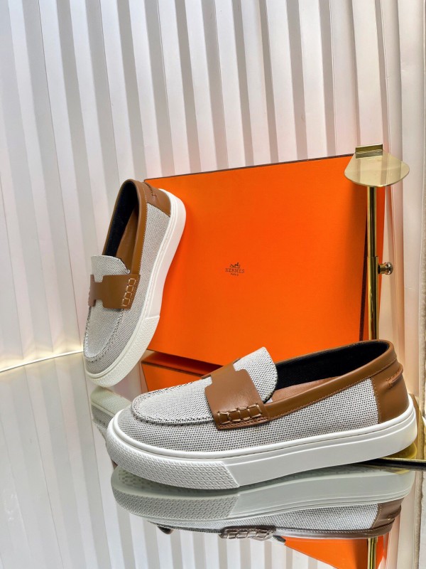 2025 Unisex Hermès White Brown Leather Fabric Loafers