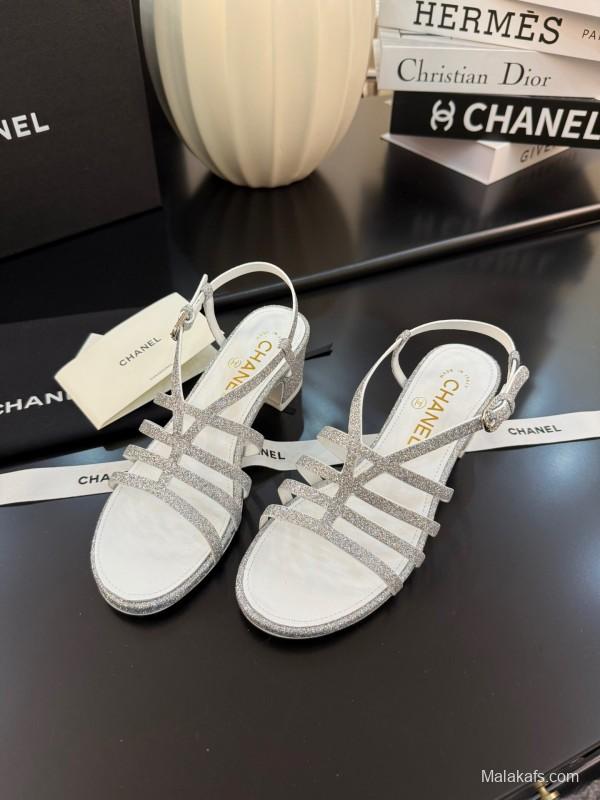 2025 Women Chanel White Synthetic Leather Sandals