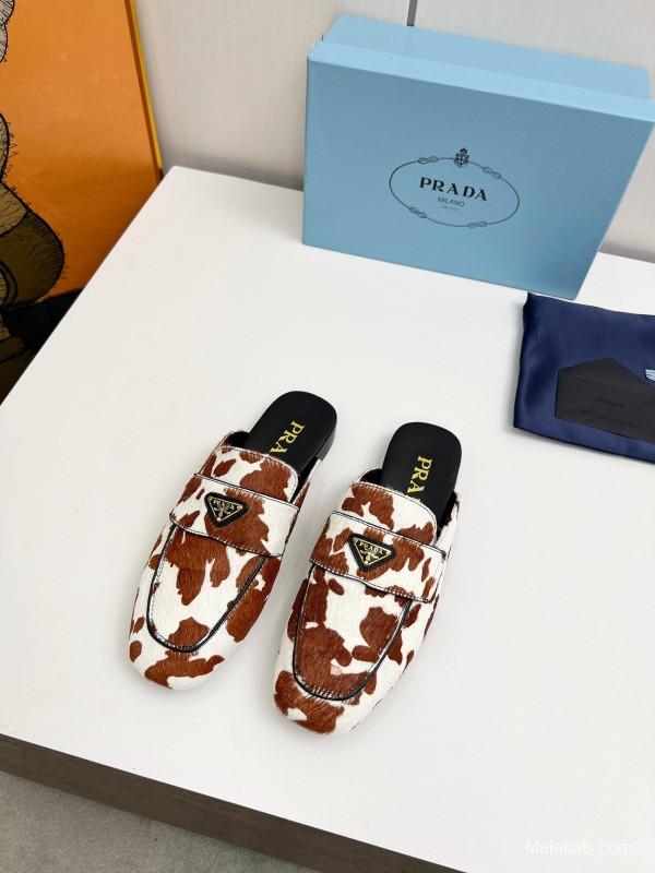 2025 Women Prada Brown White Calf Hair Leather Slippers LY00260
