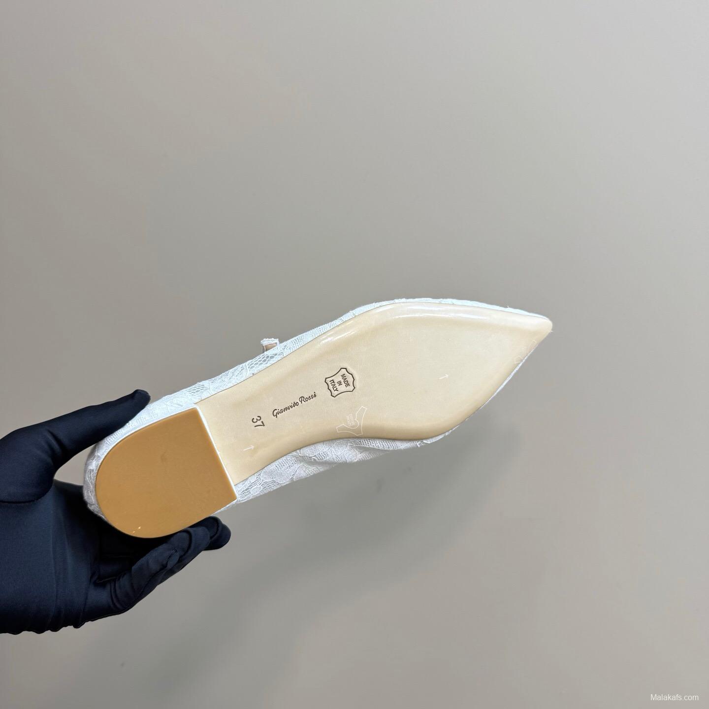 2025 Women Gianvito Rossi White Lace Leather Low Heel Ballerina KFY00260