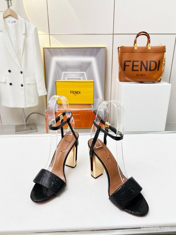 2025 Women Fendi Black Leather High Heel Sandals MJ00251