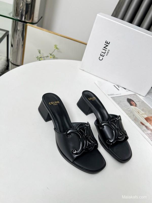 2025 Women Celine Black Leather Sandals