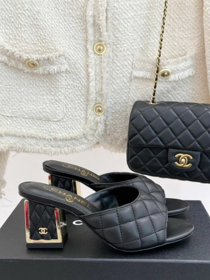 2025 Women Chanel Black Sheepskin Quilted High Heel Sandals