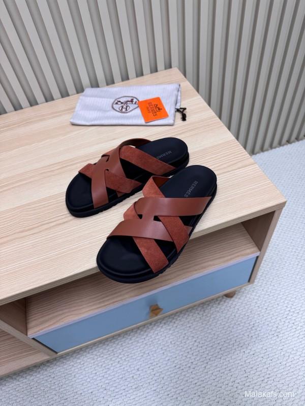 2025 Men HERMÈS Brown Leather Sandals