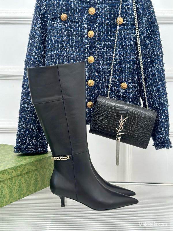 2024 Women YSL Black Leather Boots Chain Detail