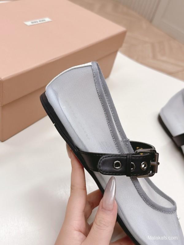 2025 Women Miu Miu White Black Mesh Leather Ballet Flats LY00230