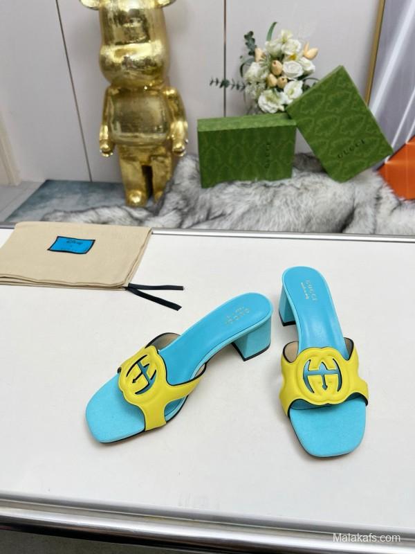 2025 Gucci Blue Yellow Leather Slippers