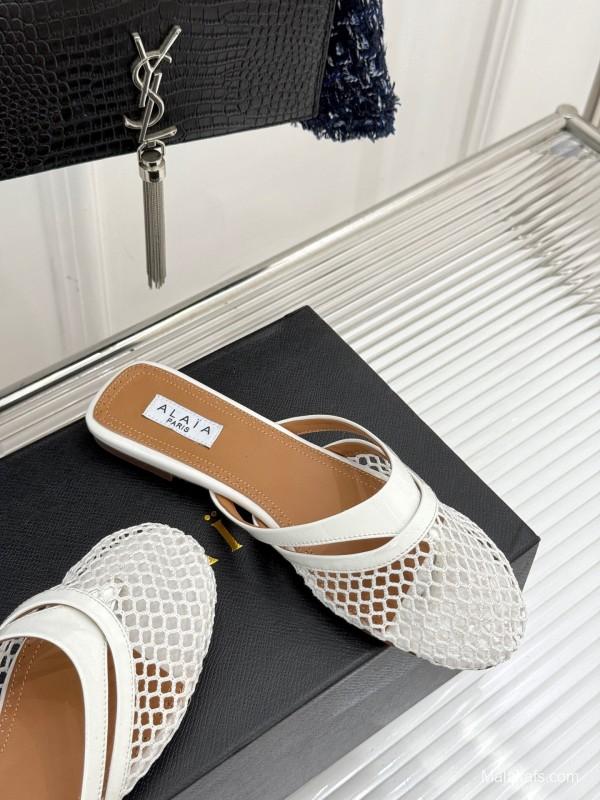2025 Slippers AlAIA White Leather Mesh Flat Shoes