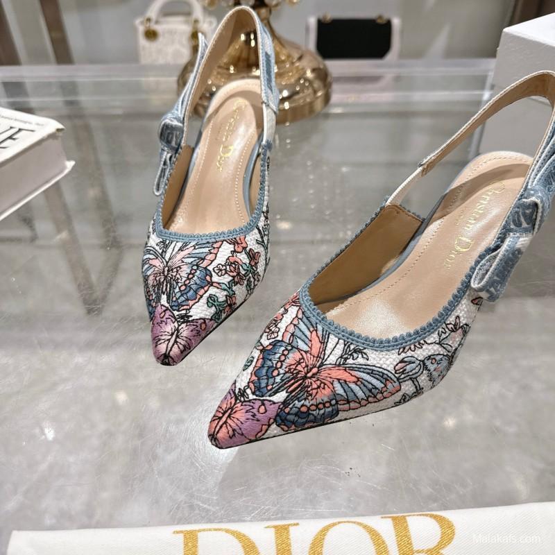 2025 Women Dior Blue Pink Embroidered Fabric Slingback Heels