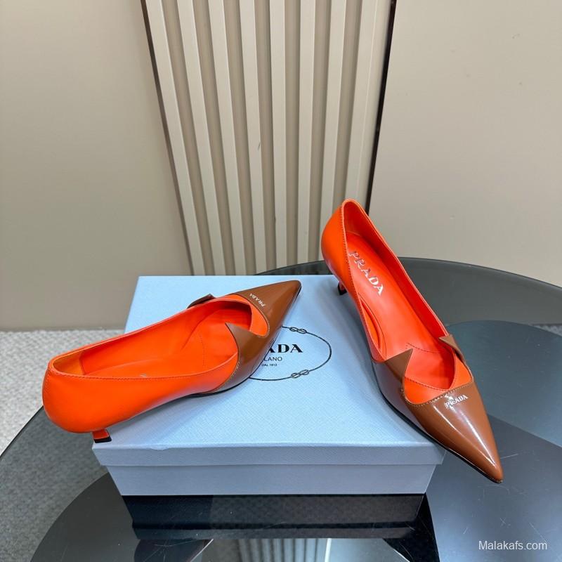2025 Women Prada Orange Brown Leather Heels KFY00310