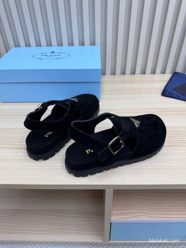 2025 Women Prada Black Suede Sandals LY00280