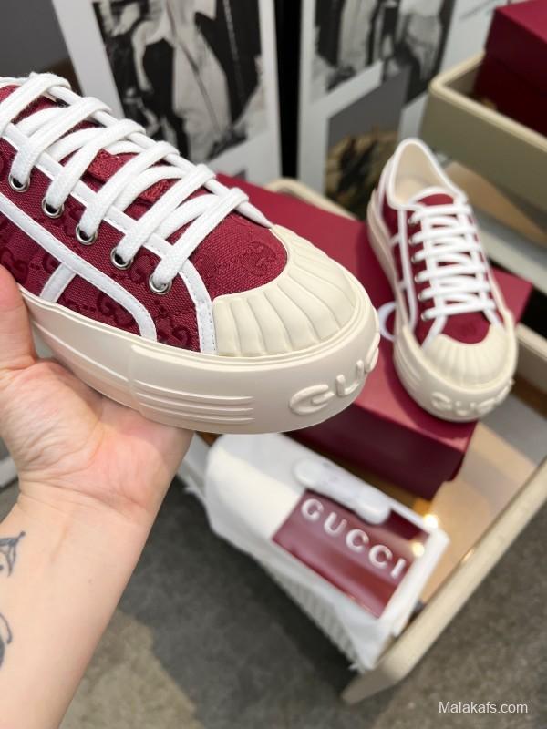 2025 Women Gucci Burgundy Canvas Rubber Sole Thick Platform Sneakers Handcrafted LY00270