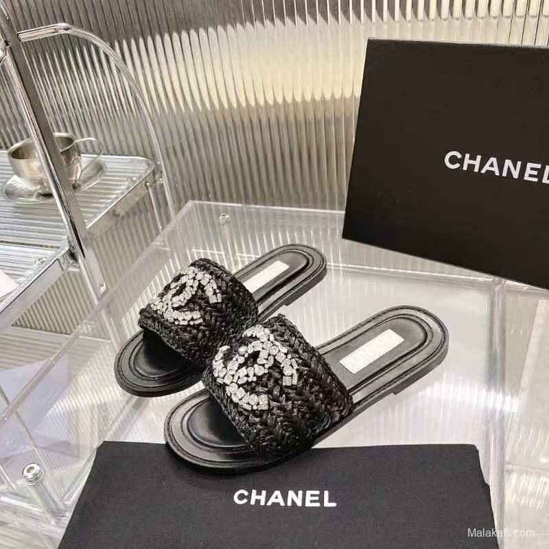 2025 Women Chanel Black Raffia Leather Slippers LY00270