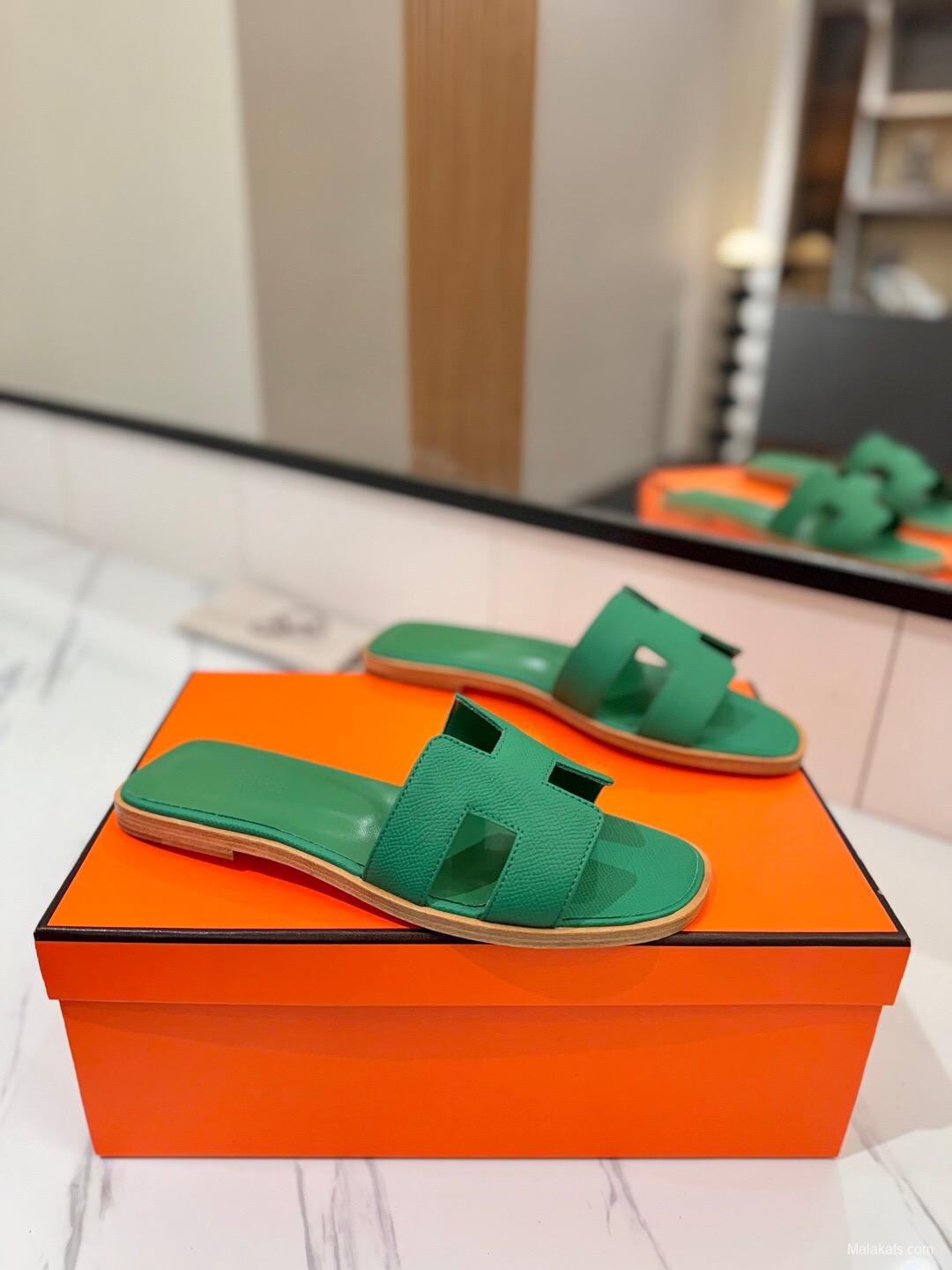 2025 Women Hermès Green Leather Slippers