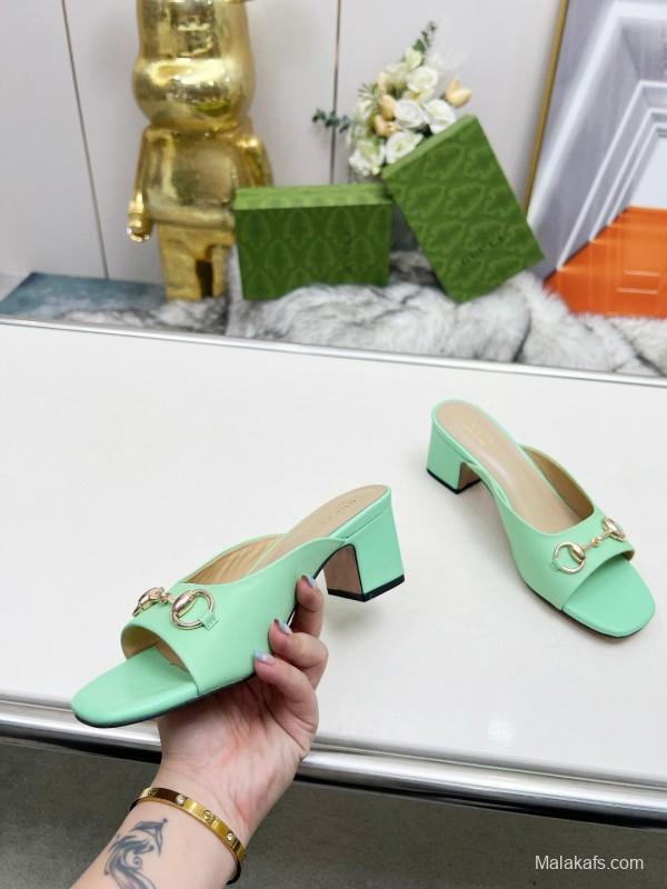 2025 Women Gucci Green Leather Heeled Slippers MJ00180