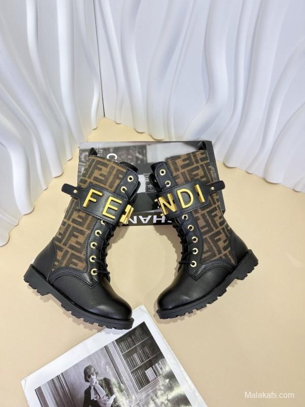 2024 Kids Fendi Black Brown Leather Fabric Boots