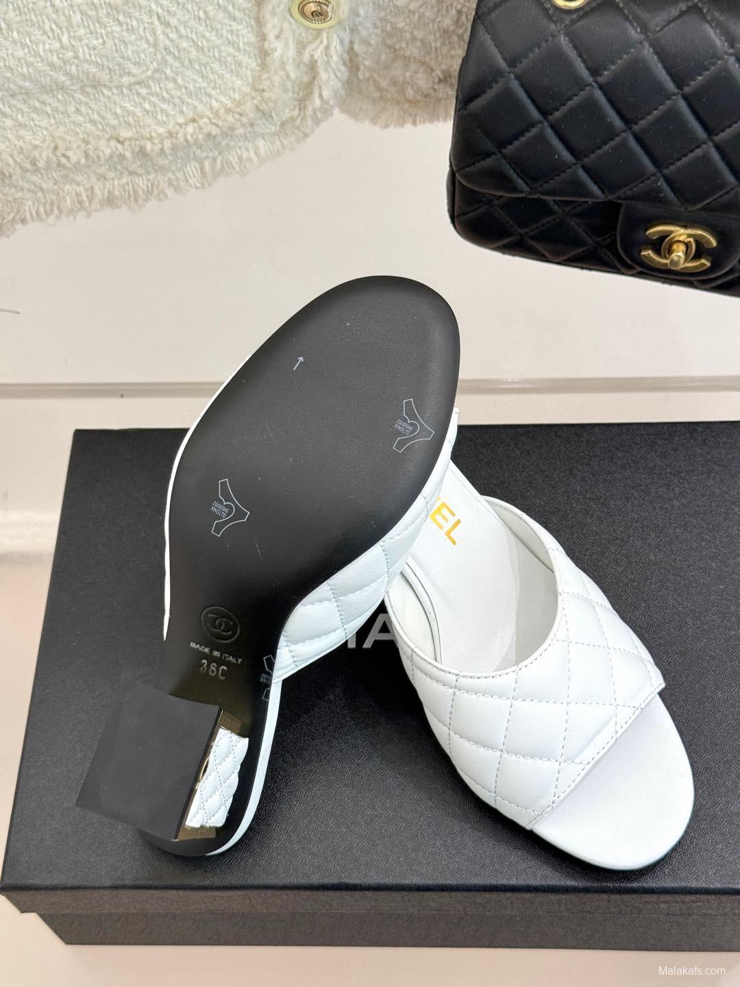 2025 Women Chanel White Lambskin Quilted Heeled Slippers